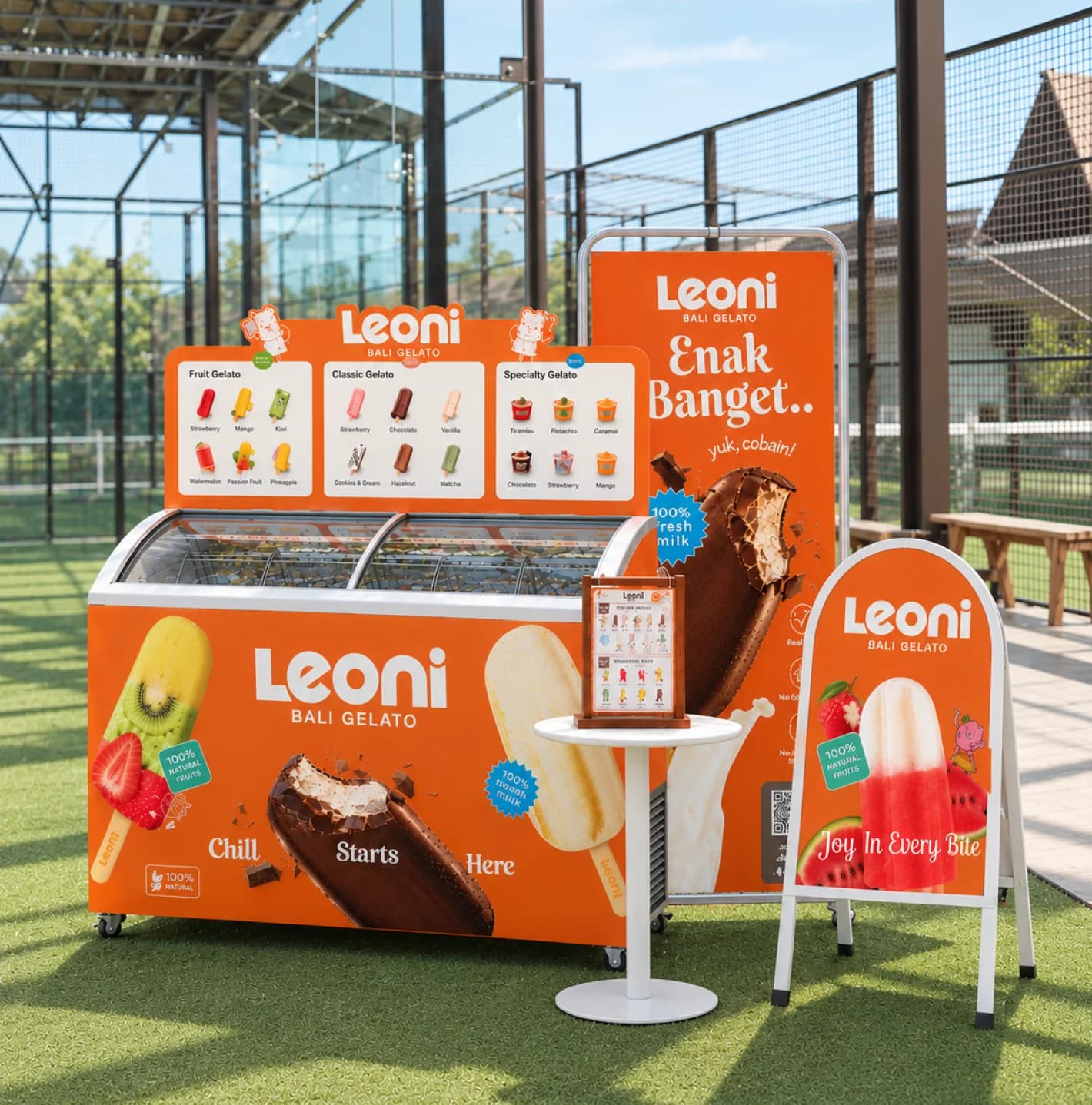 Leoni gelato outlet stand with freezer, banner and menu boards at an outdoor venue