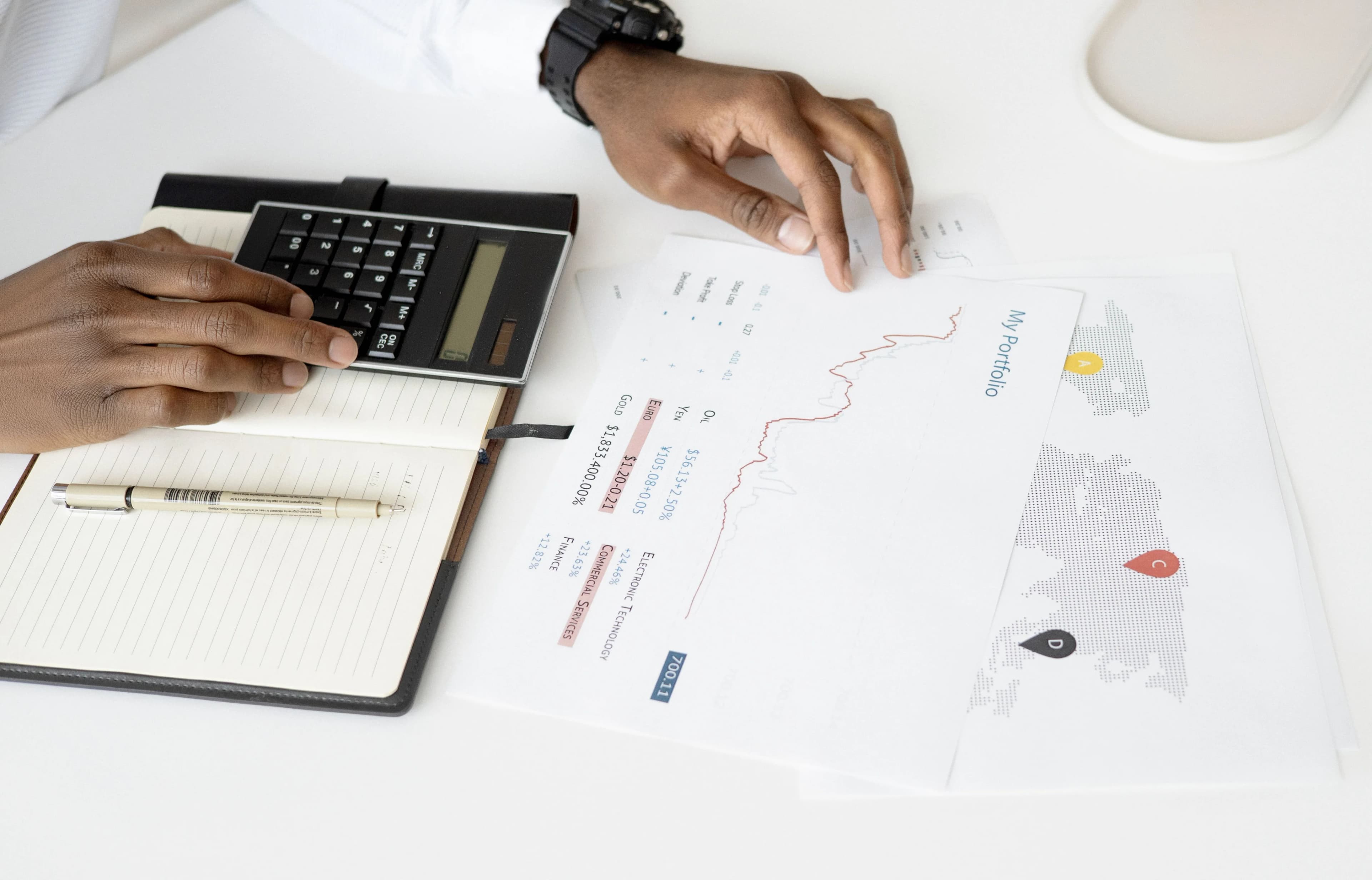 Distributor calculating profit margin with calculator and sales chart