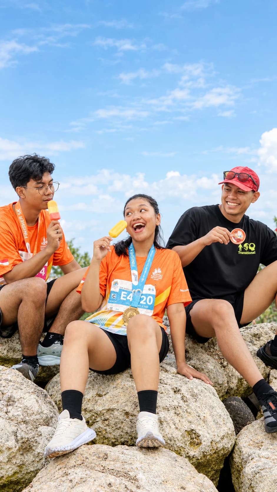 Runners celebrating with Leoni popsicles at a race event
